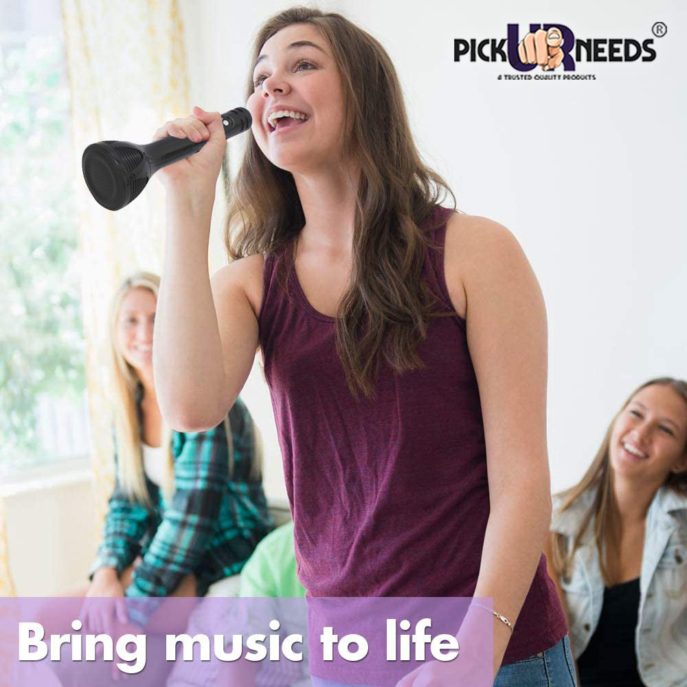 Pick Ur Needs Karaoke Mic with Led Light Wireless Bluetooth Microphone Connection Player Speaker 2-in1 with Recording + USB+FM